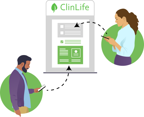 Graphic of two people communicating with health institution.